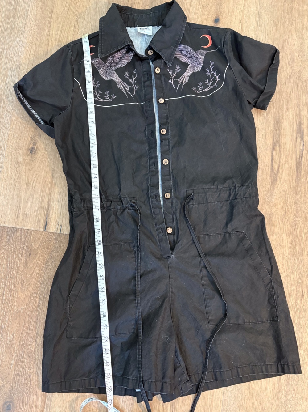 Women's Black Cropped Jumpsuit with Bird print. - Picture 2 of 5